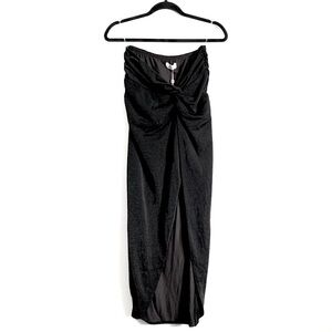 Oh Polly Twisted Bodice Shimmery Strapless Midi Dress